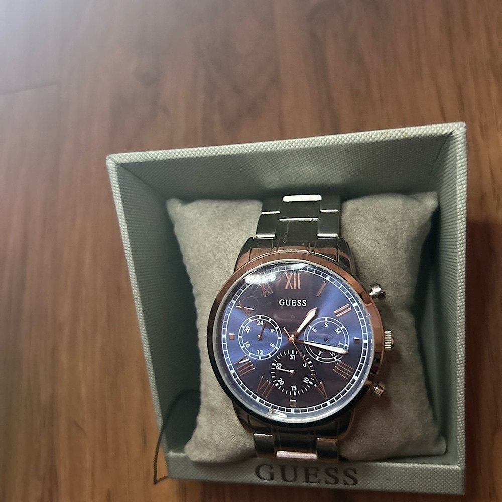 NEW GUESS Silver-Tone and Blue Multifunction Water Resistant Watch U1309G1